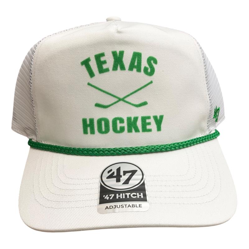 A white trucker-style baseball cap with green embroidered 'TEXAS HOCKEY' text and crossed hockey sticks on the front, a green braided rope detail around the brim, and a visible '47 brand sticker on the brim.