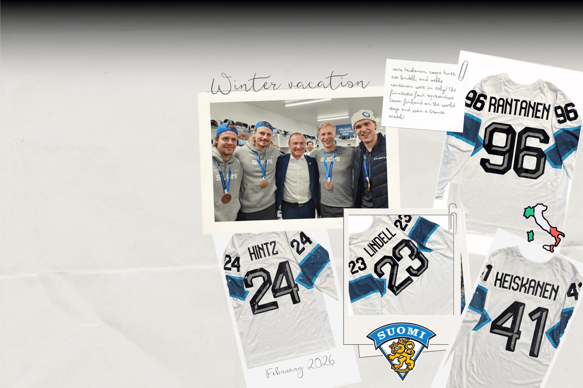 Collage of hockey jerseys with player numbers and names, including a photo of people with medals.