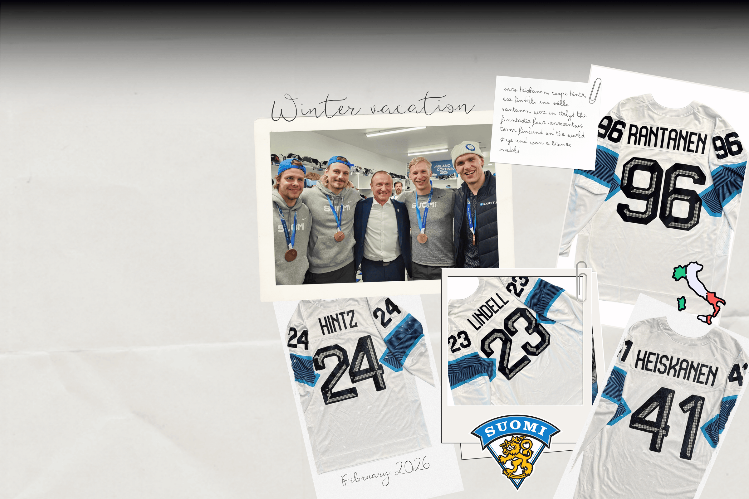 Collage of hockey jerseys with player numbers and names, including a photo of people with medals.