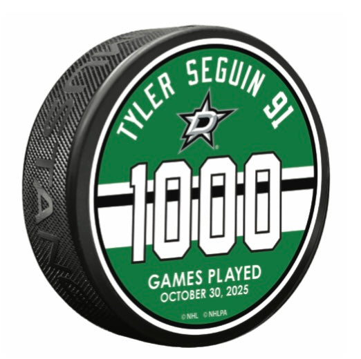 DALLAS STARS MUSTANG PRODUCTS TYLER SEGUIN 1000 GAMES PLAYED TEXTURED PUCK