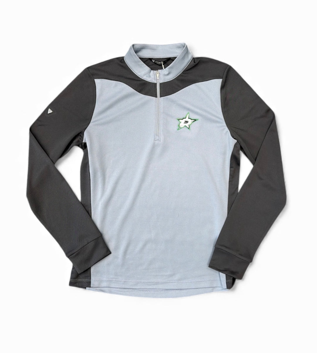 Gray and black long-sleeve athletic long sleeve quarter zip with Dallas Stars logo on a white background