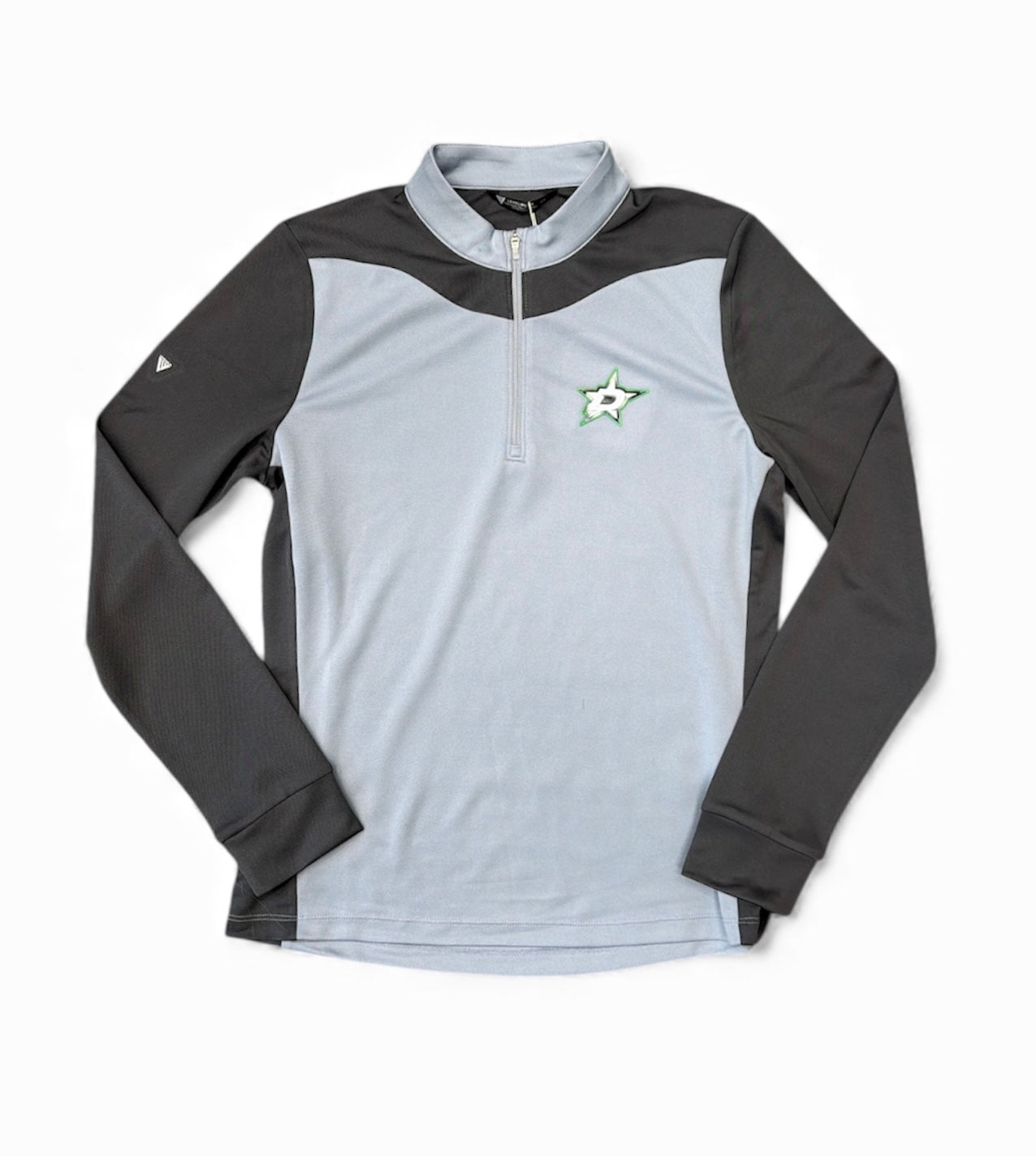 Gray and black long-sleeve athletic long sleeve quarter zip with Dallas Stars logo on a white background