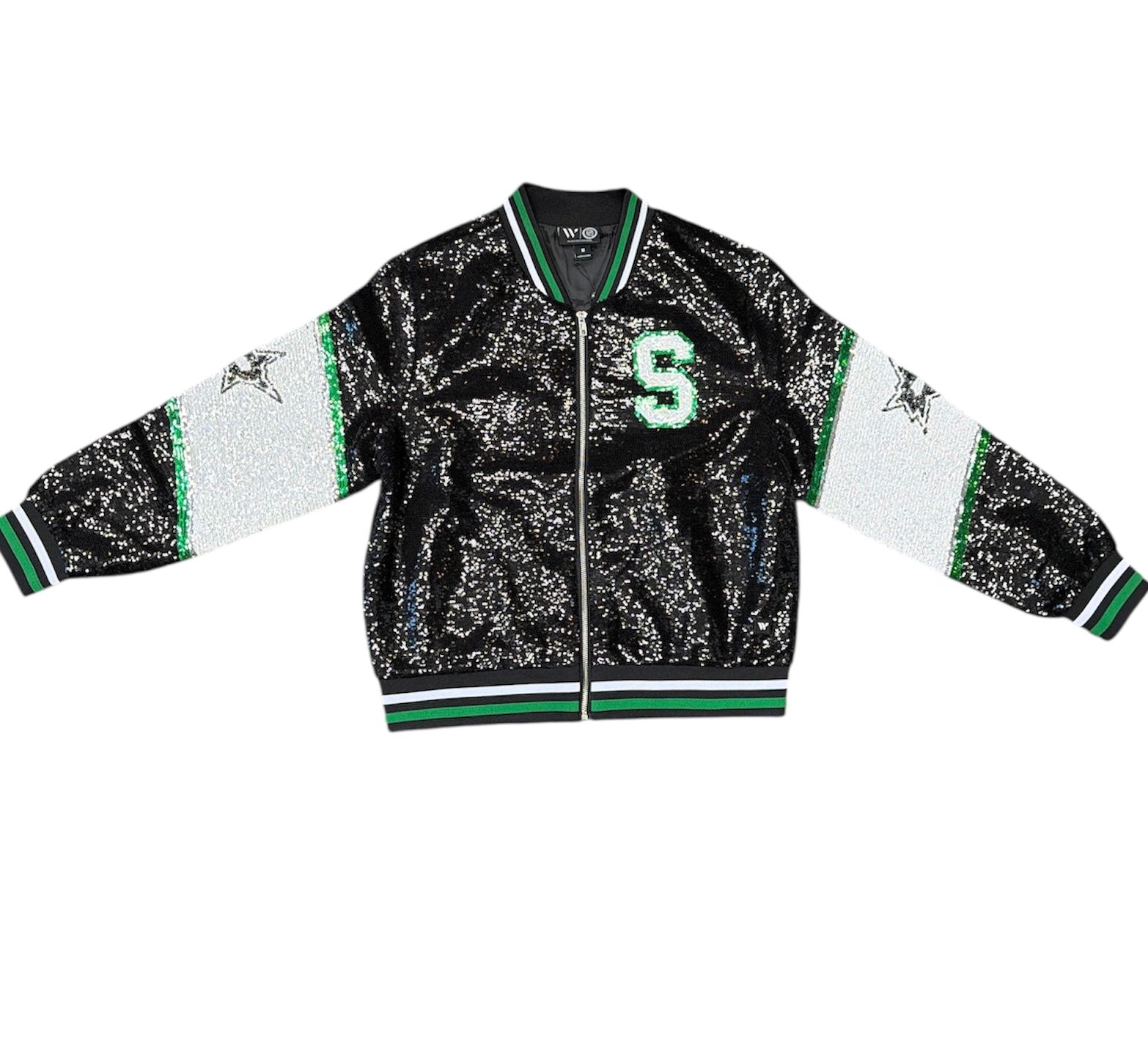 Black sequin jacket with green and white accents on a white background