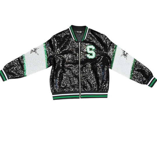 Black sequin jacket with green and white accents on a white background