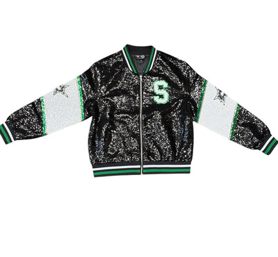 Black sequin jacket with green and white accents on a white background