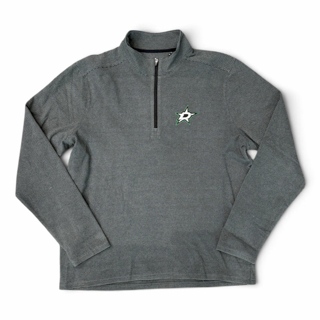 A dark gray heathered quarter-zip pullover sweatshirt with a small white star logo on the left chest, displayed flat against a white background.