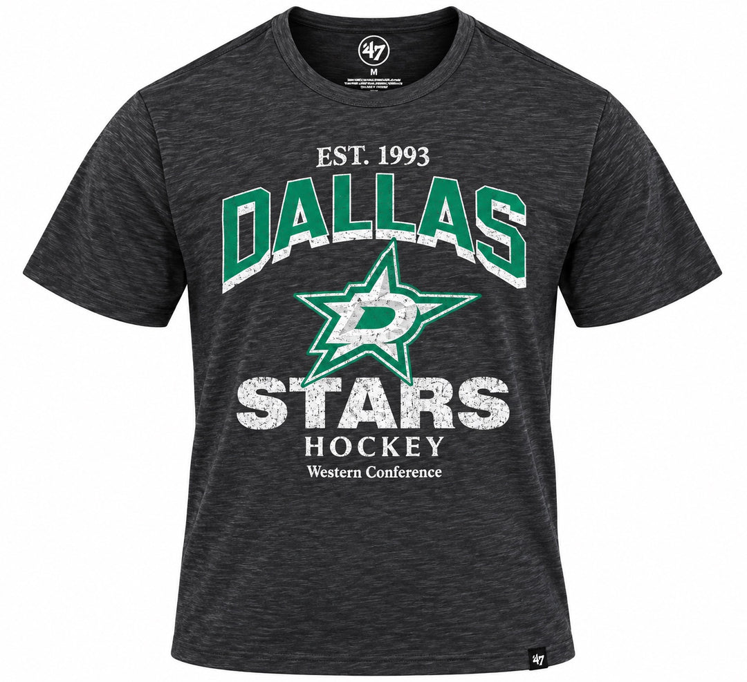Dark charcoal heathered Dallas Stars short-sleeve T-shirt featuring a distressed graphic with green-and-white “DALLAS STARS” lettering, the Dallas Stars logo, “EST. 1993” above, and “HOCKEY Western Conference” below. White background.