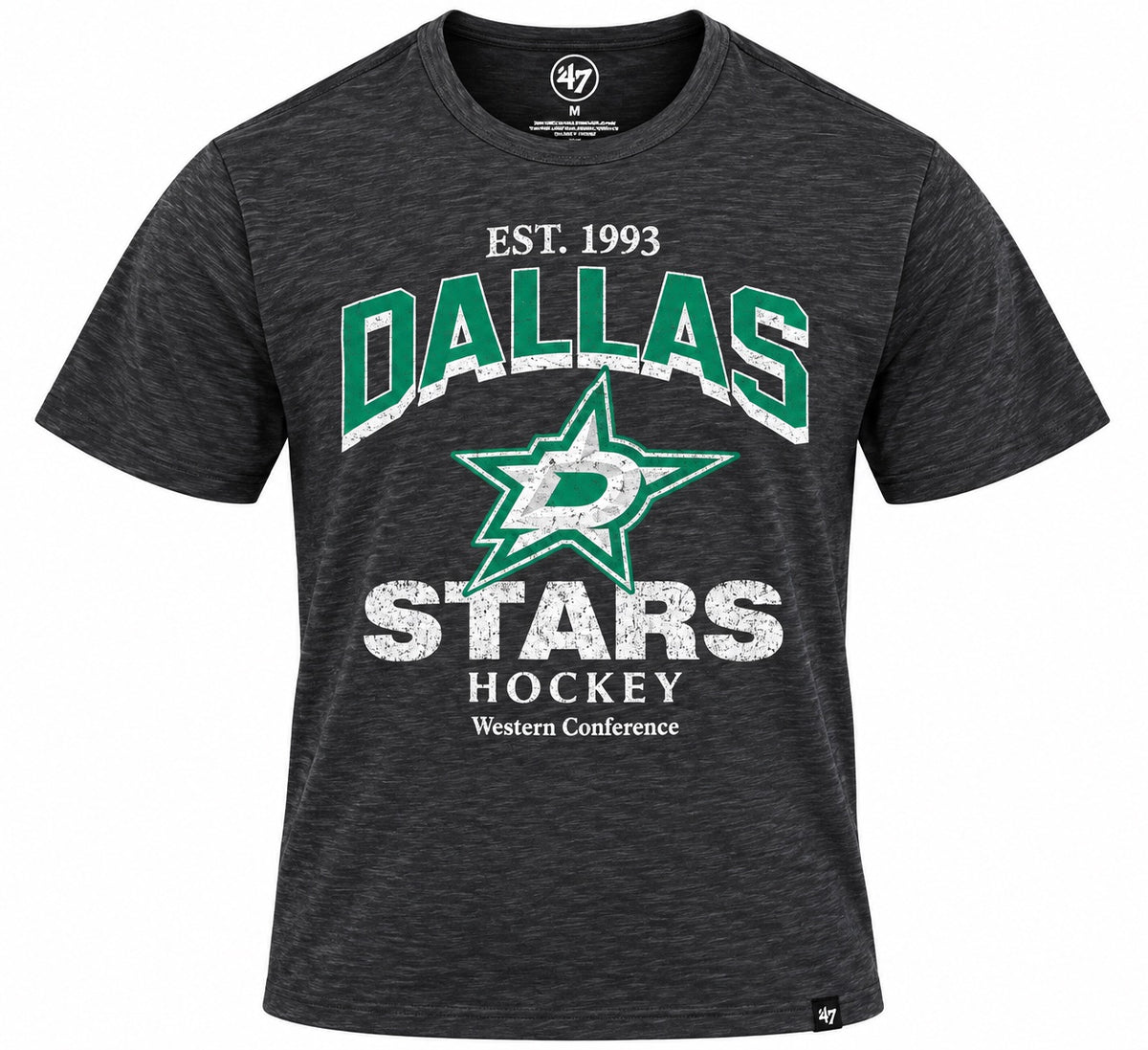 Dark charcoal heathered Dallas Stars short-sleeve T-shirt featuring a distressed graphic with green-and-white “DALLAS STARS” lettering, the Dallas Stars logo, “EST. 1993” above, and “HOCKEY Western Conference” below. White background.