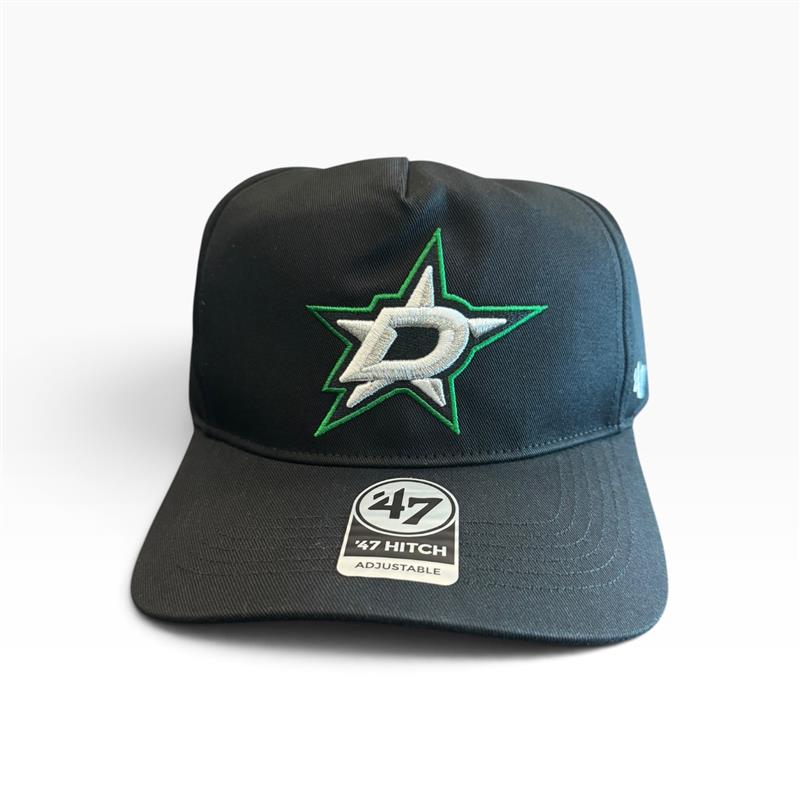 A black Dallas Stars baseball cap by 47, featuring a green and white embroidered Dallas Stars logo on the front and a 47 brand sticker on the visor, set against a plain white background.