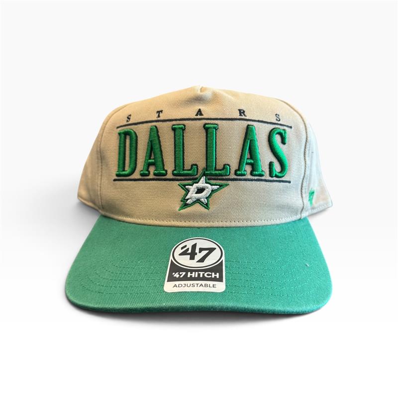 A Dallas Stars baseball cap by 47, featuring a beige front panel with green embroidered &