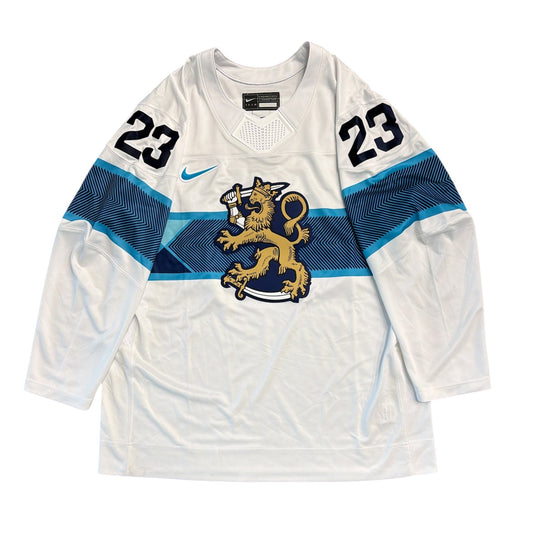 White hockey jersey with blue accents, number 23, and lion emblem on a white background