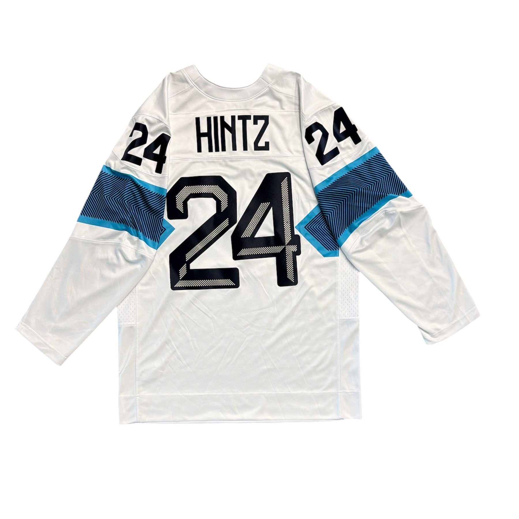 White hockey jersey with black text 'Hintz' 24 and blue accents on a white background