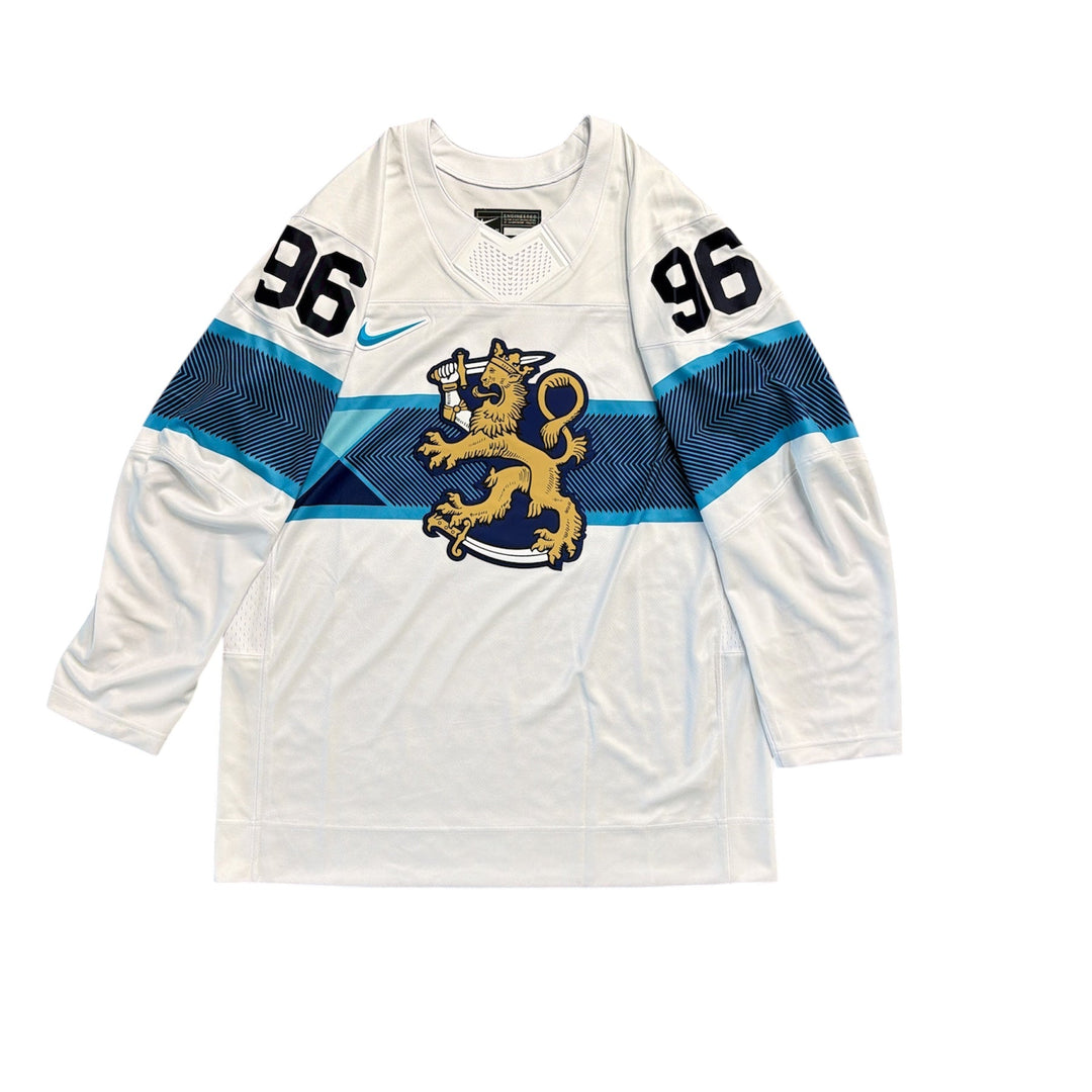 White hockey jersey with blue accents, number 96, and a logo on a white background