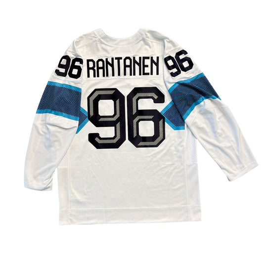 White hockey jersey with '96 Rantanen' printed on a white background