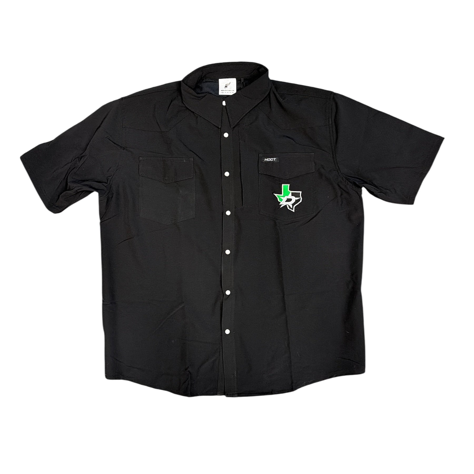 Black short-sleeve shirt with a logo on a white background