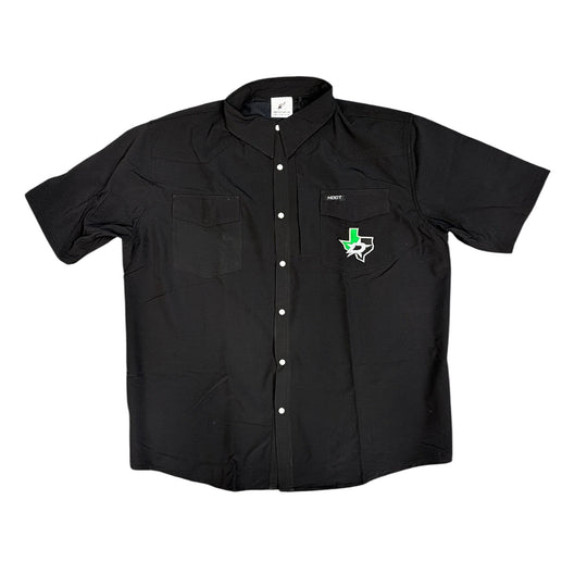 Black short-sleeve shirt with a logo on a white background