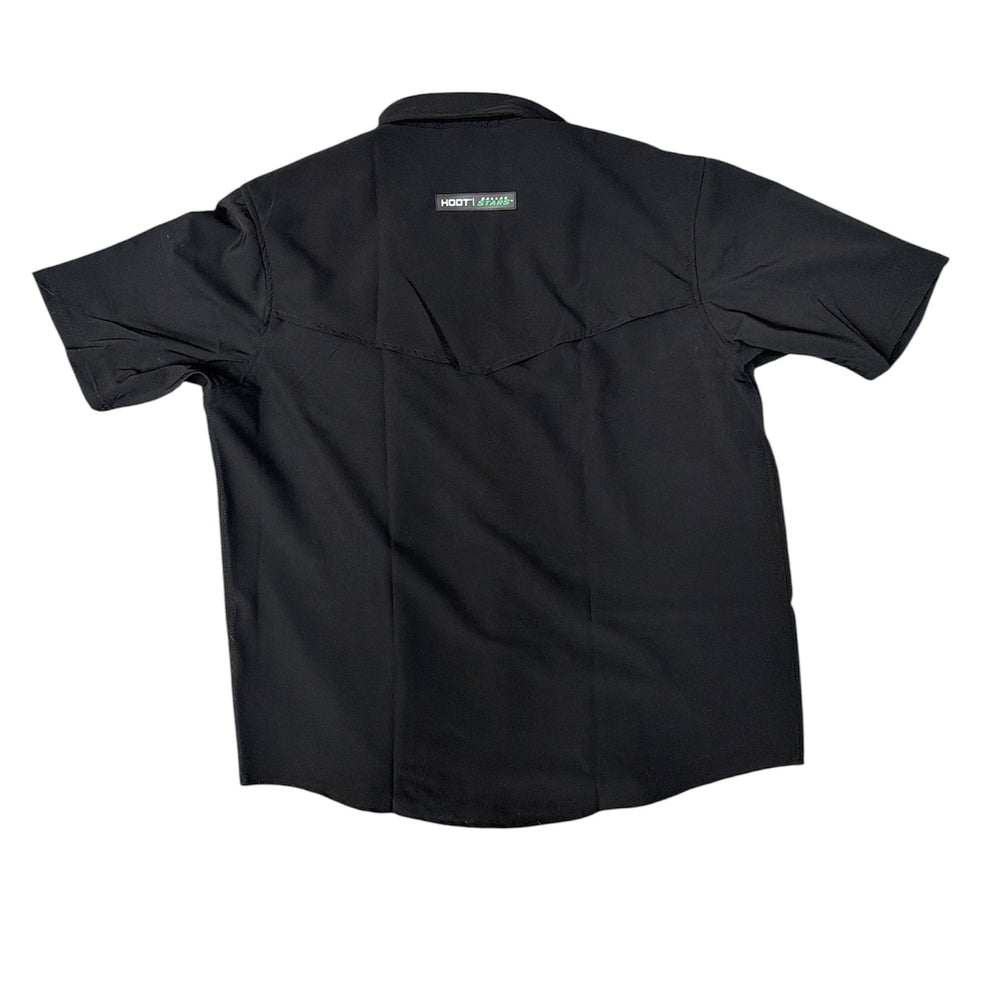Black shirt with a brand label on a white background