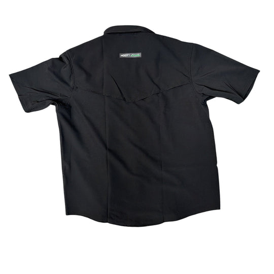 Black shirt with a brand label on a white background
