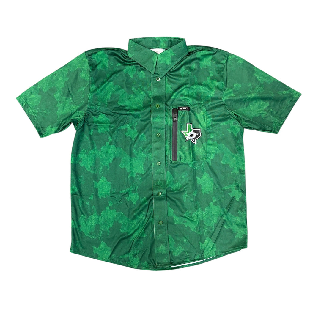 Green camouflage shirt with a logo on a white background