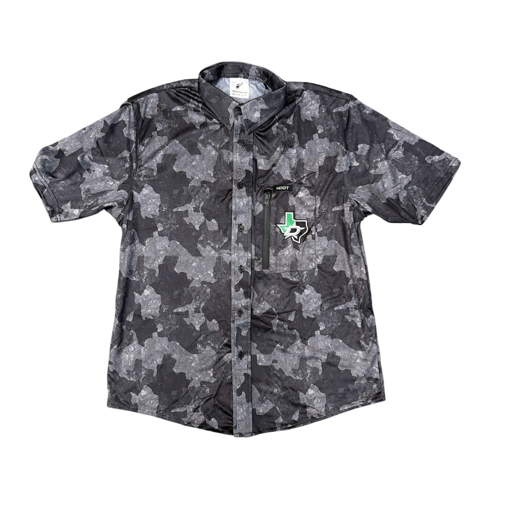 Camouflage-patterned shirt with a logo on a white background