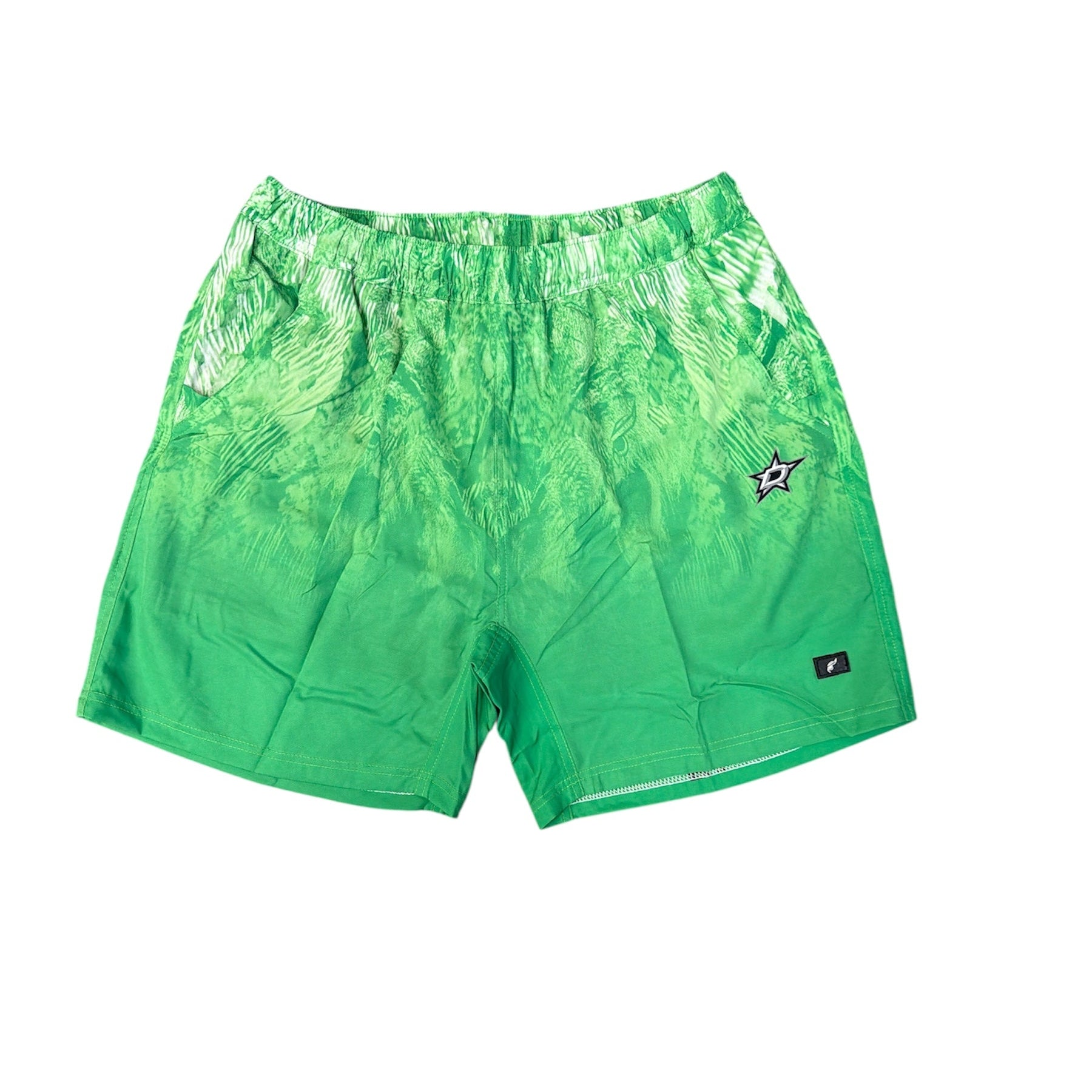 Green patterned shorts on a white background