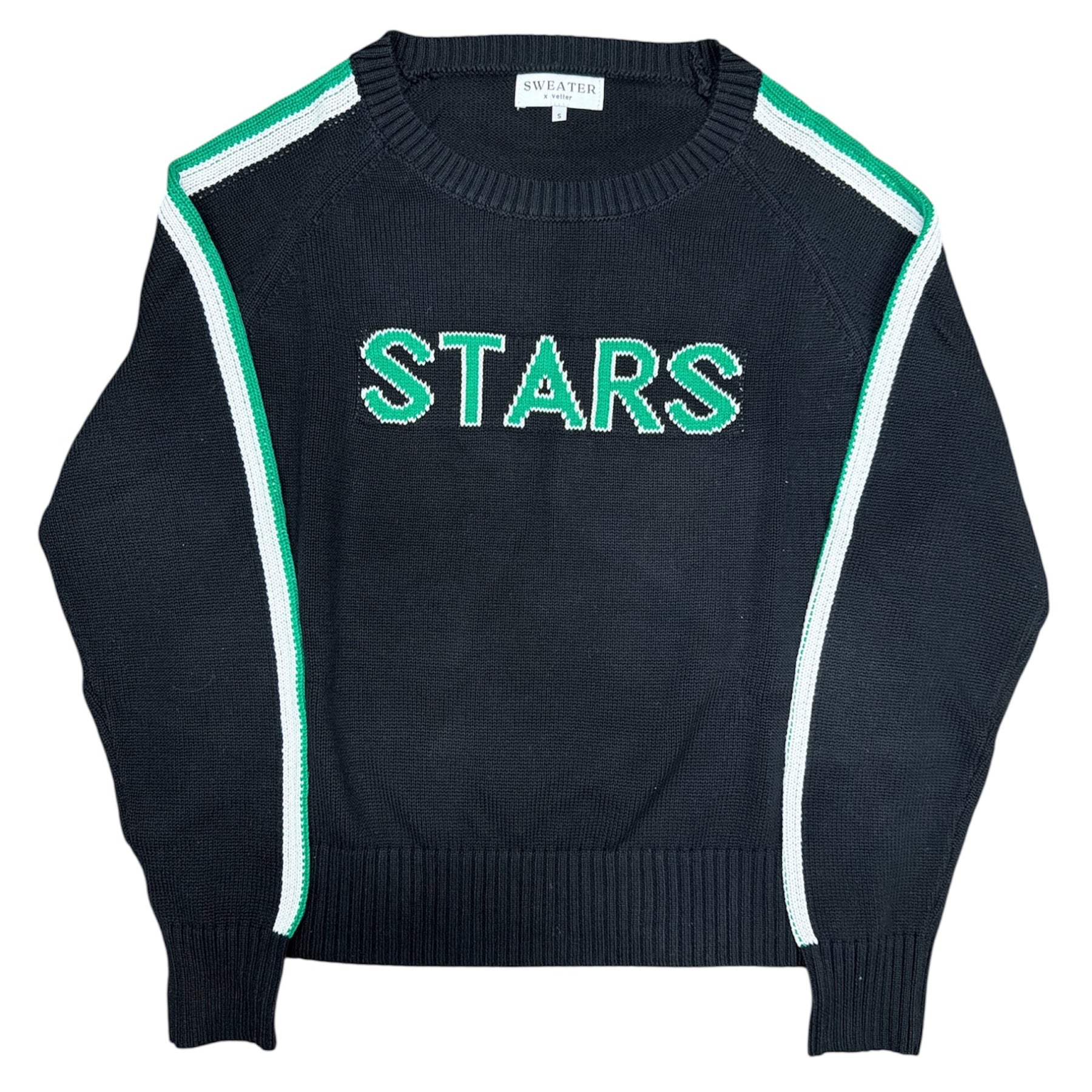 Black sweater with 'STARS' text on a white background
