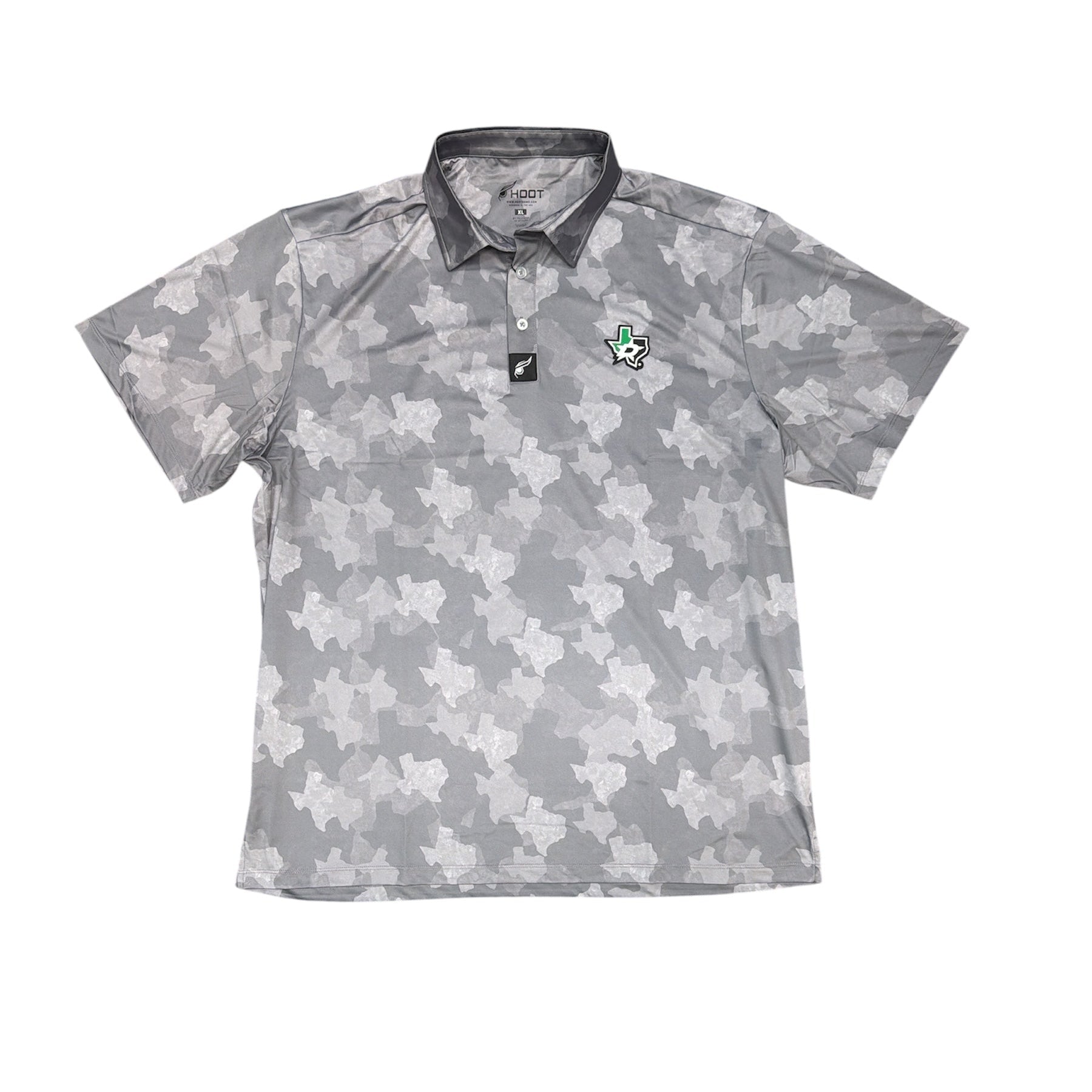 Gray camouflage polo shirt with a Dallas Stars logo on a white background