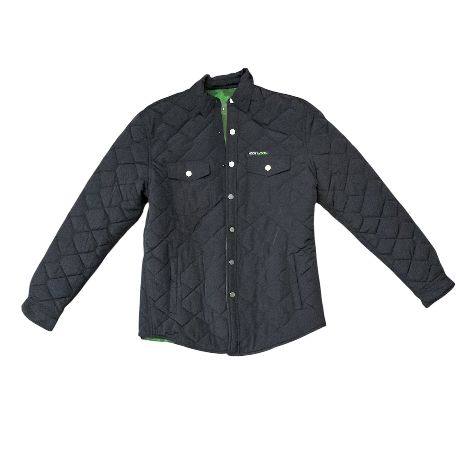 Black quilted jacket on a white background