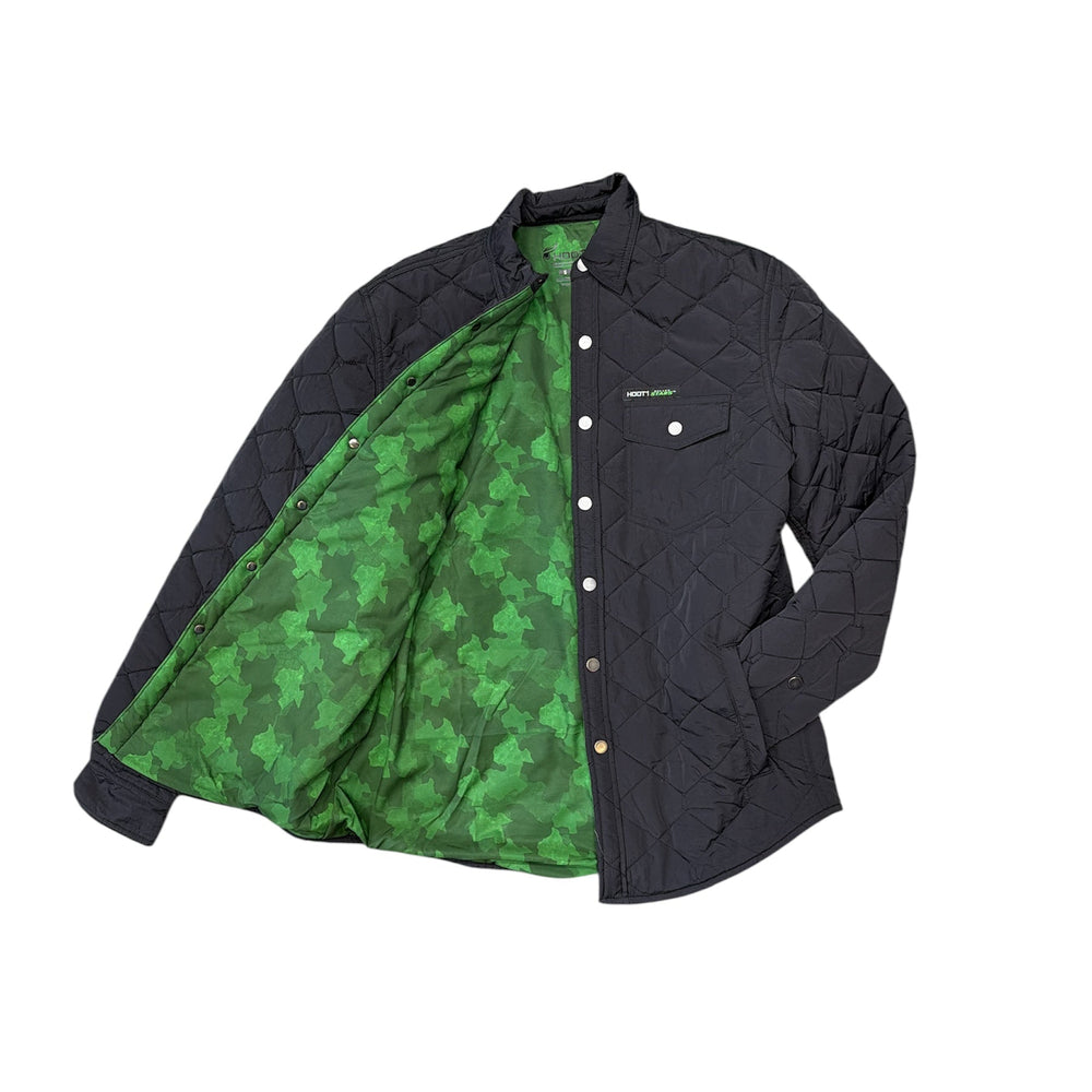 Black jacket with green interior lining on a white background