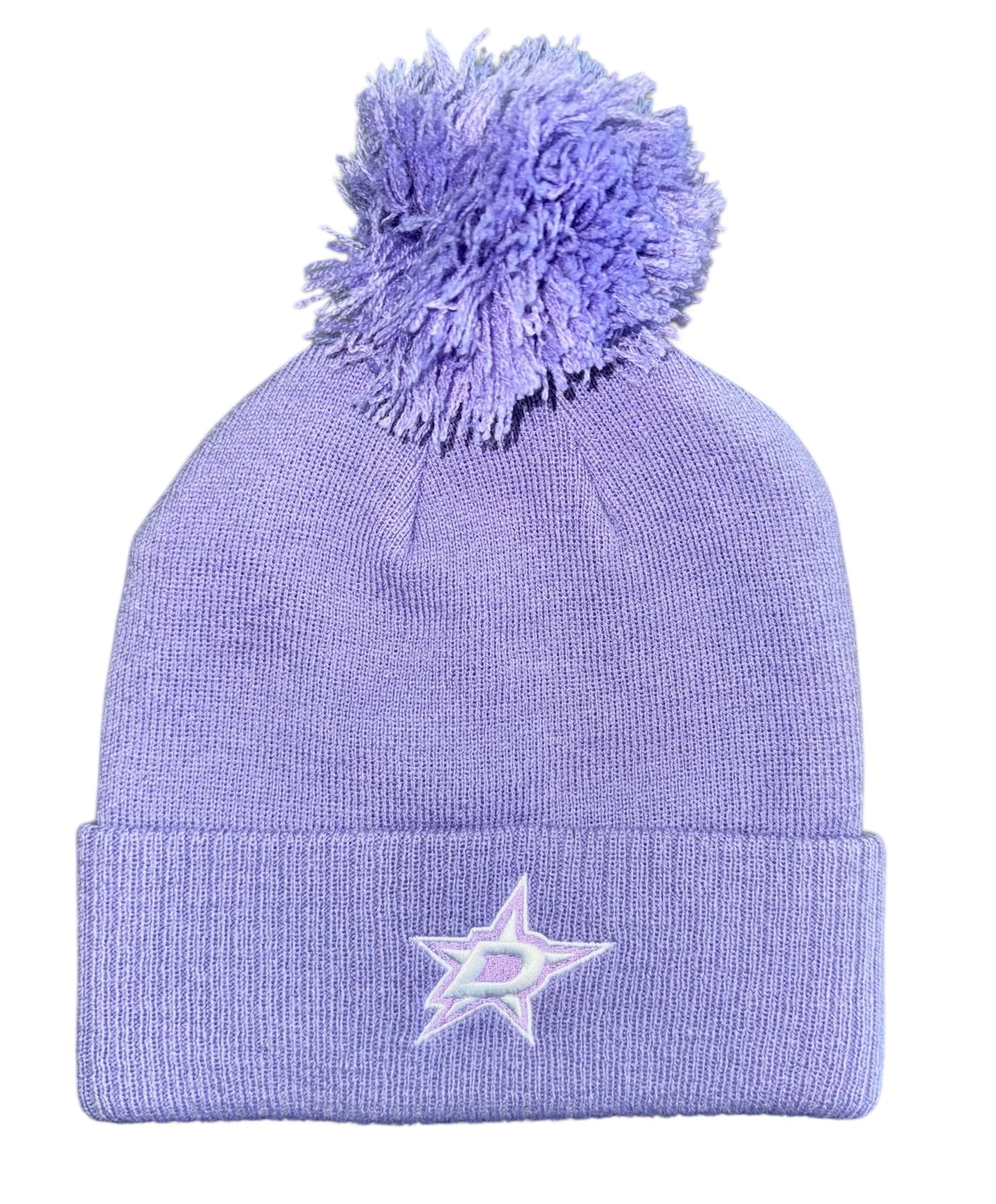 Purple beanie with pom-pom and embroidered star on a white background