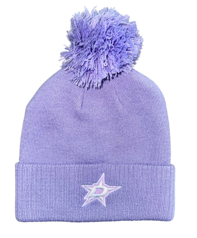 Purple beanie with pom-pom and embroidered star on a white background