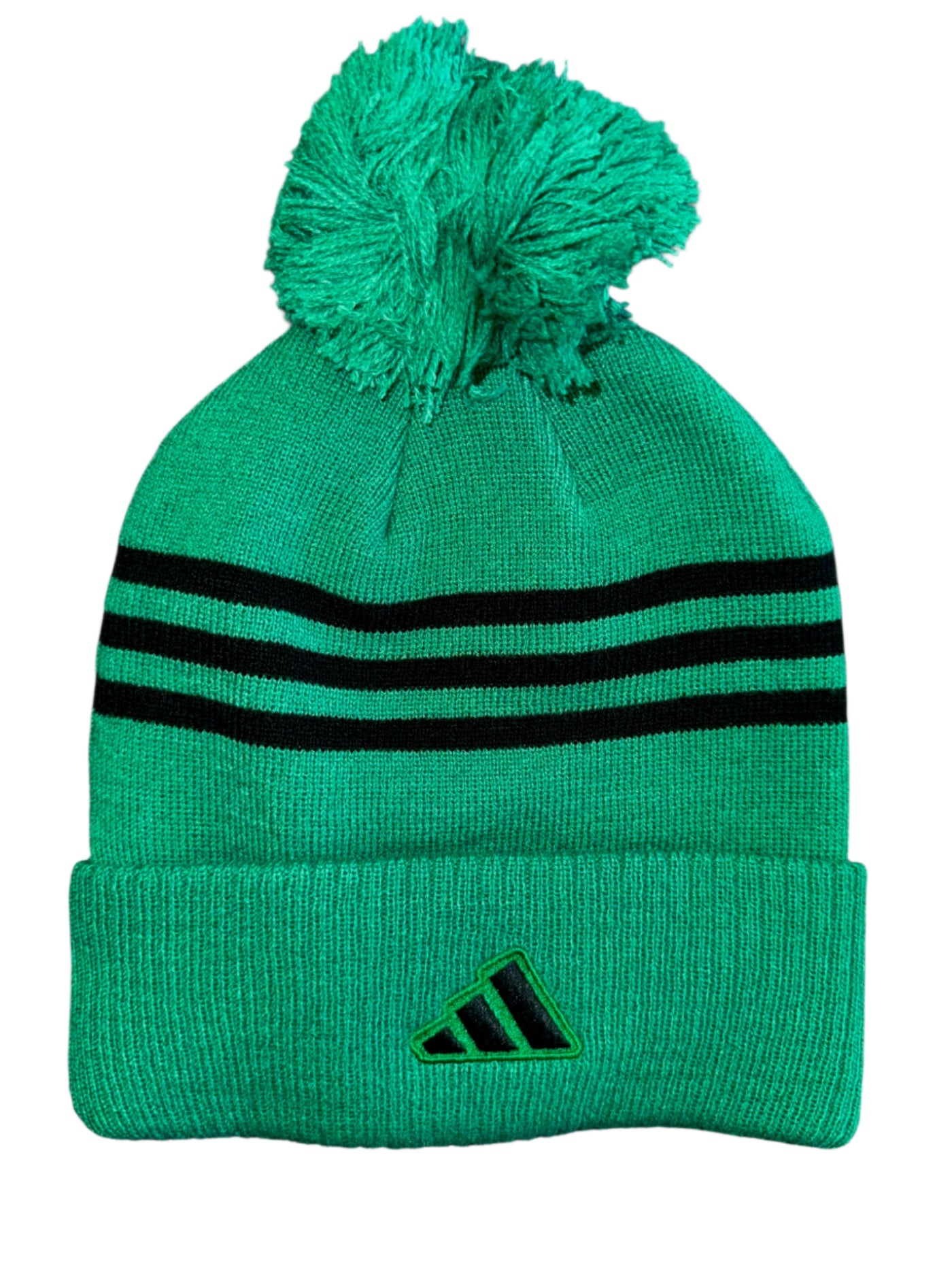 Green beanie with pom-pom and black stripes on a white background