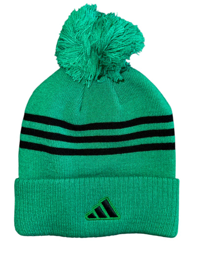 Green beanie with pom-pom and black stripes on a white background