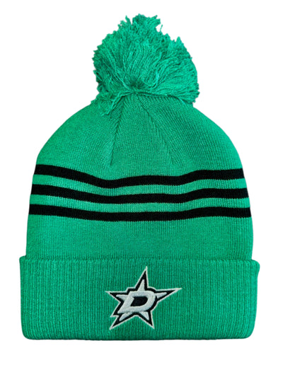 Green beanie with pom-pom and black stripes on a white background