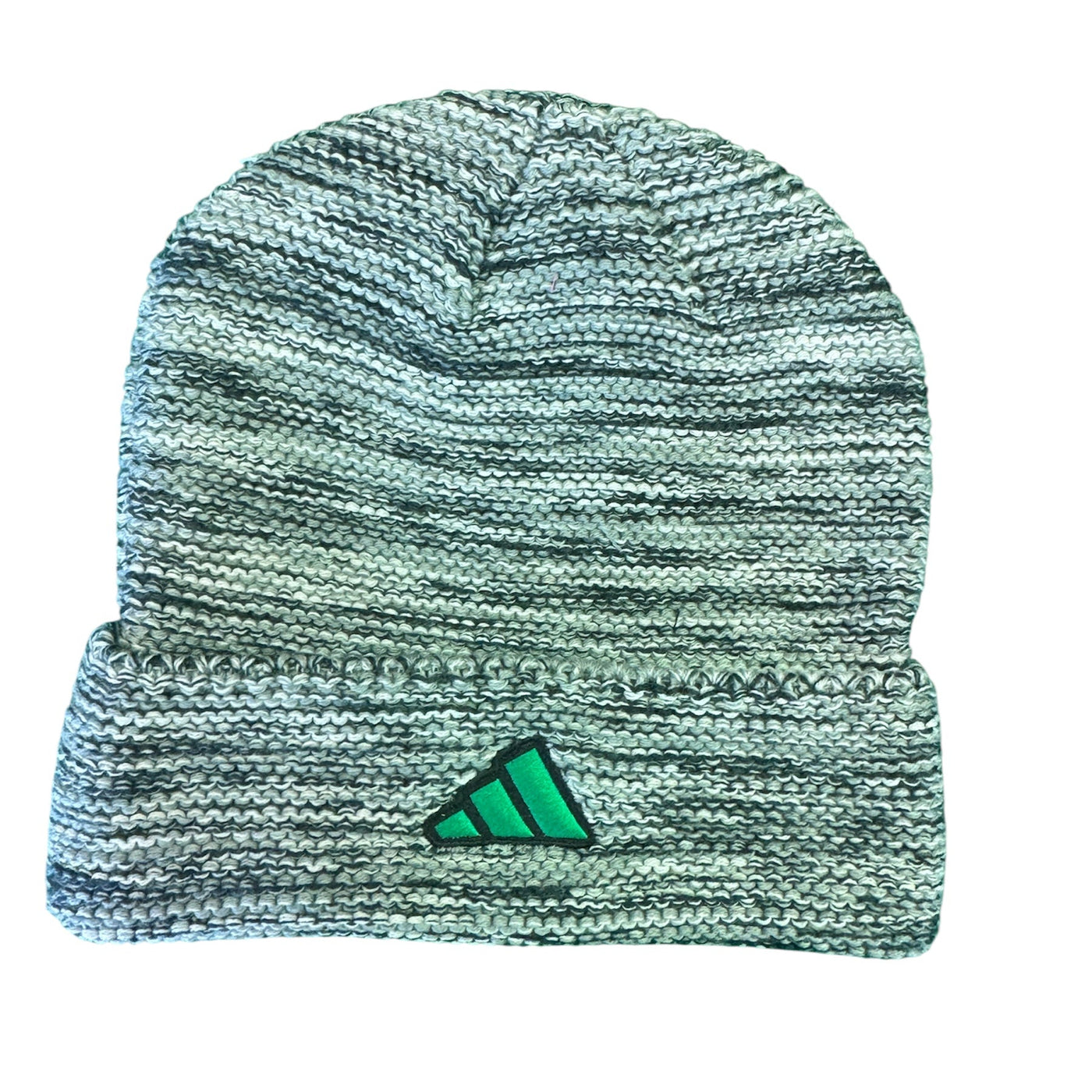 Green knit beanie with Adidas logo on a white background