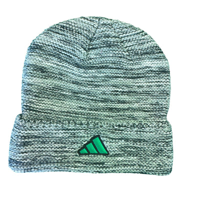 Green knit beanie with Adidas logo on a white background