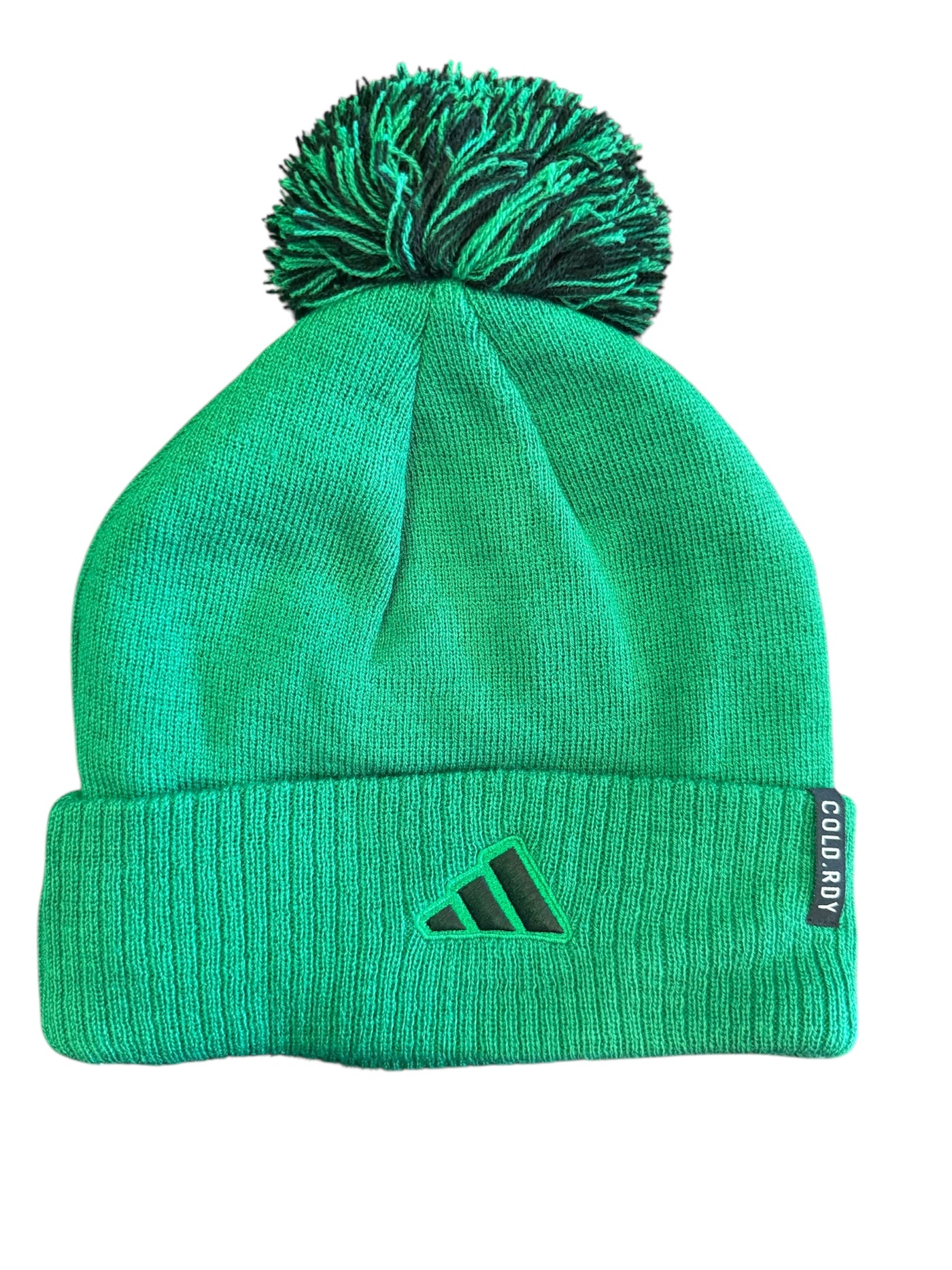 Green beanie with pom-pom and Adidas logo on a white background