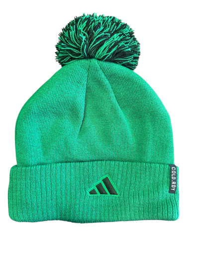 Green beanie with pom-pom and Adidas logo on a white background