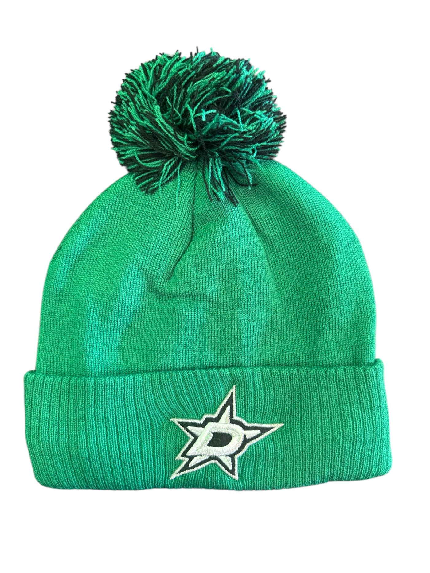 Green beanie with pom-pom and logo on a white background