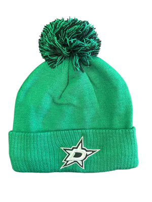 Green beanie with pom-pom and logo on a white background
