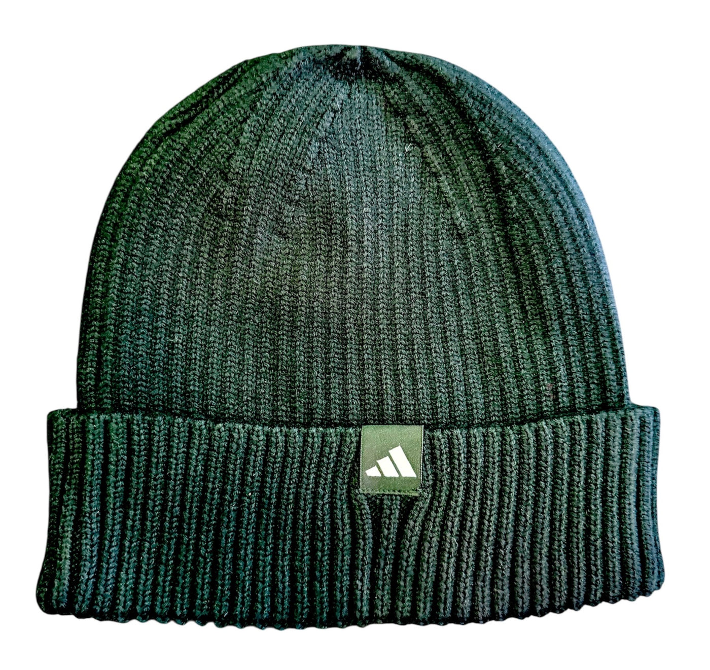Black knit beanie with Adidas logo on a white background