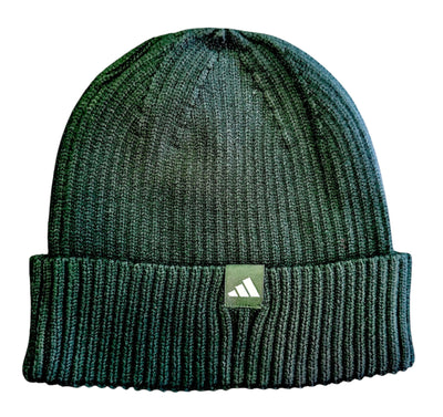 Black knit beanie with Adidas logo on a white background