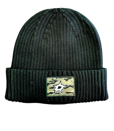 Black beanie with a camouflage patch featuring a star design on a white background