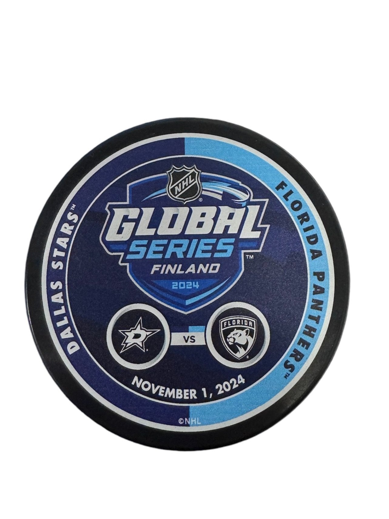 DALLAS STARS MUSTANG GLOBAL SERIES FINLAND MATCH UP PUCK - 11/1/24 - FRONT VIEW 