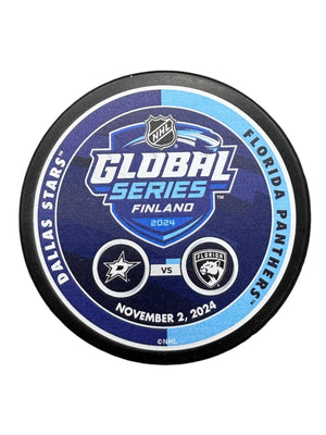 DALLAS STARS MUSTANG GLOBAL SERIES FINLAND MATCH UP PUCK - 11/2/24 - FRONT VIEW 