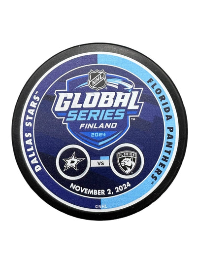 DALLAS STARS MUSTANG GLOBAL SERIES FINLAND MATCH UP PUCK - 11/2/24 - FRONT VIEW 