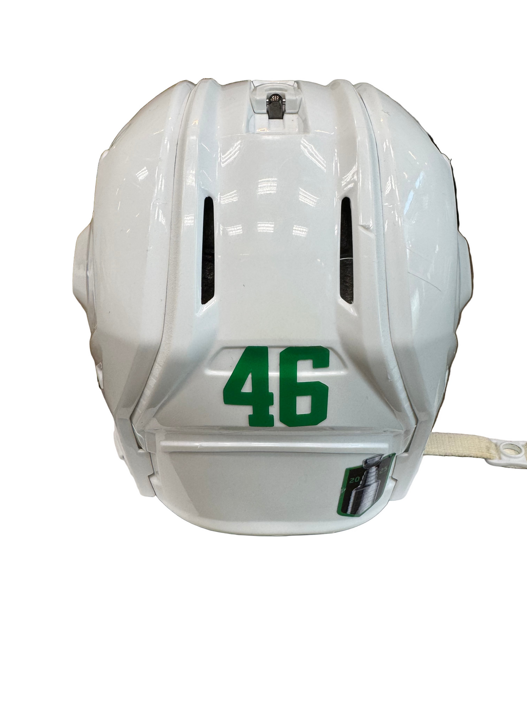 Photo of Dallas Stars #46 Game Worn Away White Hockey helmet - Back View