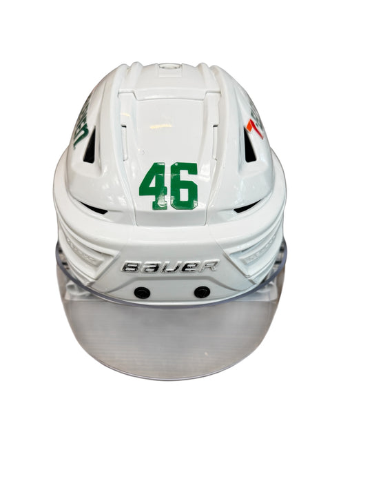 Photo of Dallas Stars #46 Game Worn Away White Hockey helmet - Front View