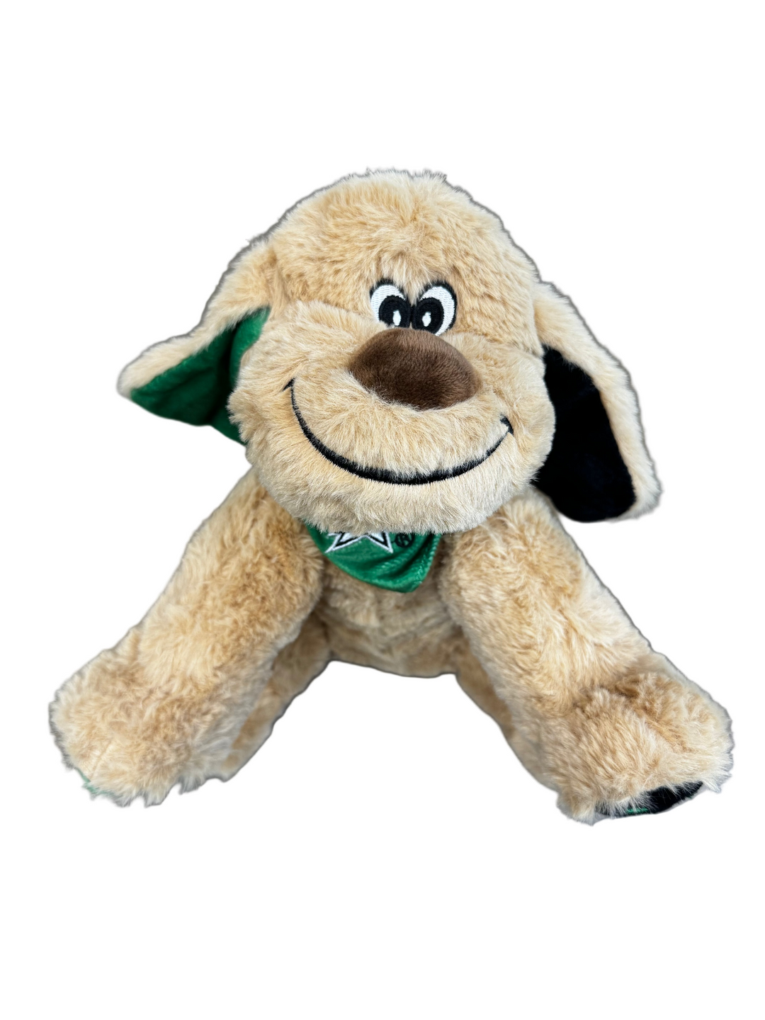 Photo of a plush dog with a green bandana