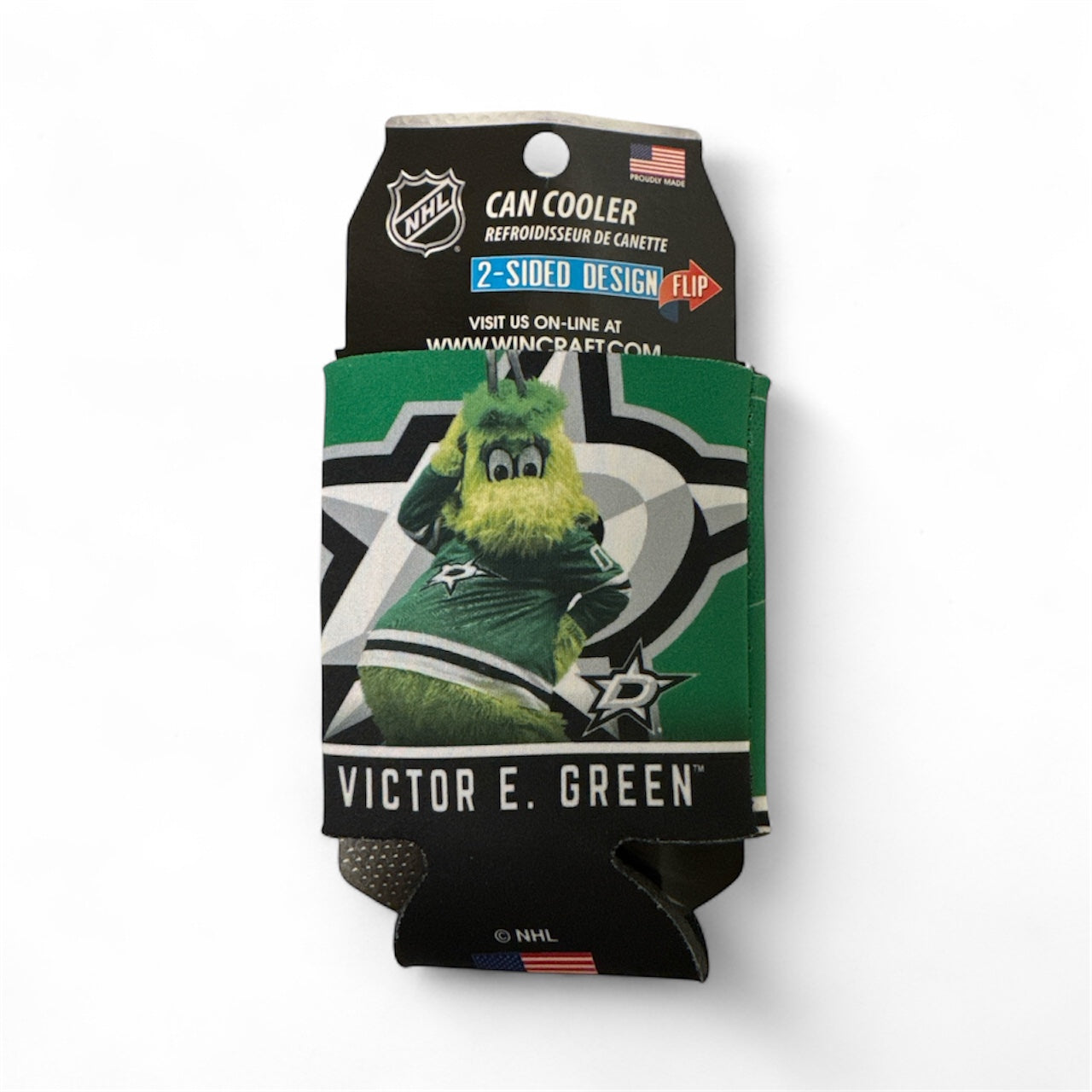 Can cooler with a mascot design on a white background